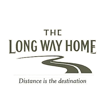 Refined cycling shirt graphic reading “THE LONG WAY HOME.” Thin winding road line passing through wi