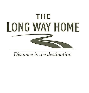 Refined cycling shirt graphic reading “THE LONG WAY HOME.” Thin winding road line passing through wi