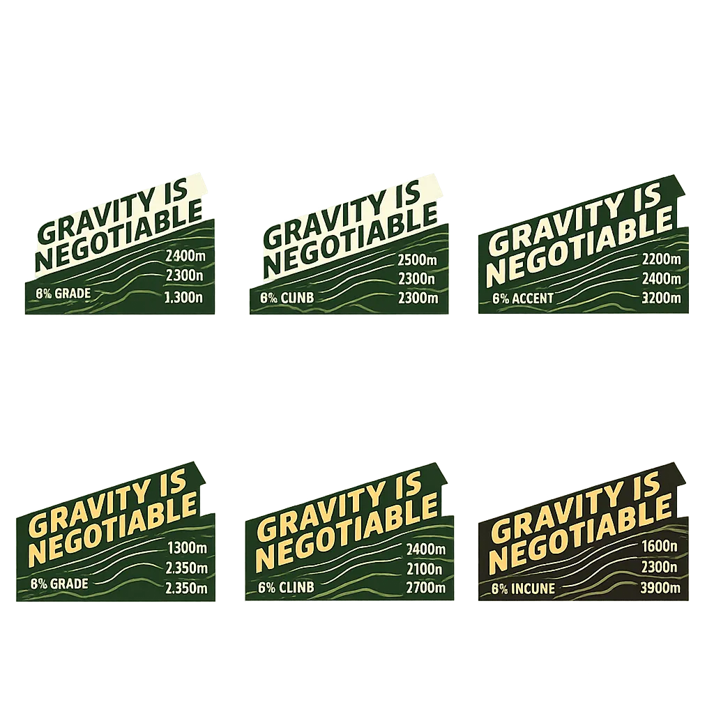 Bold climbing-themed cycling shirt reading “GRAVITY IS NEGOTIABLE.” Typography angled upward at an e