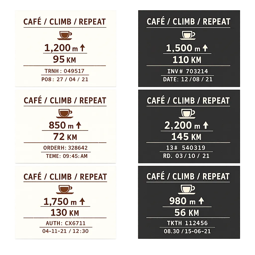 Minimalist cycling graphic with the phrase “CAFÉ / CLIMB / REPEAT” arranged like a European café rec