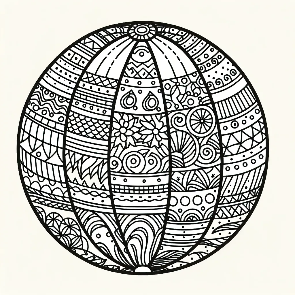 Design a large beach ball with different sections, each having intricate patterns and fun designs. Suitable for younger kids