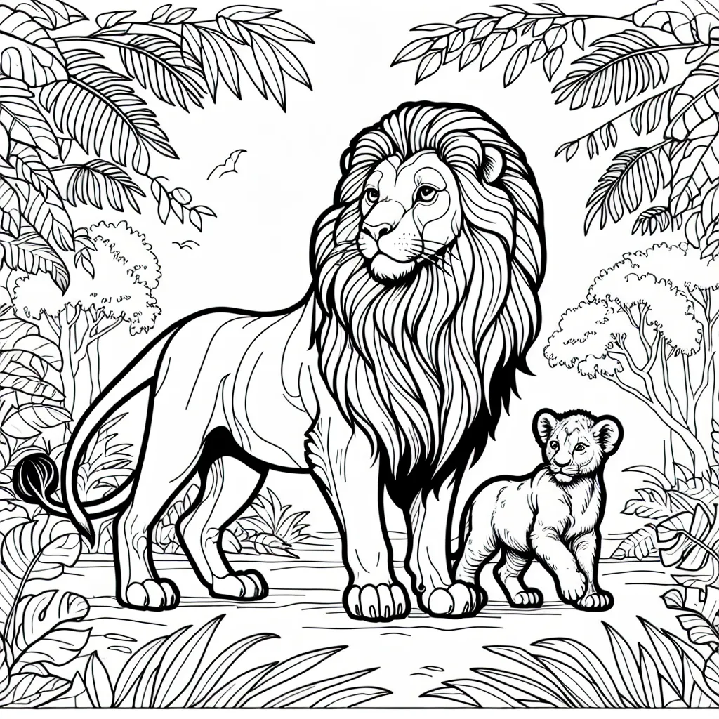 lion momy and baby in jungle