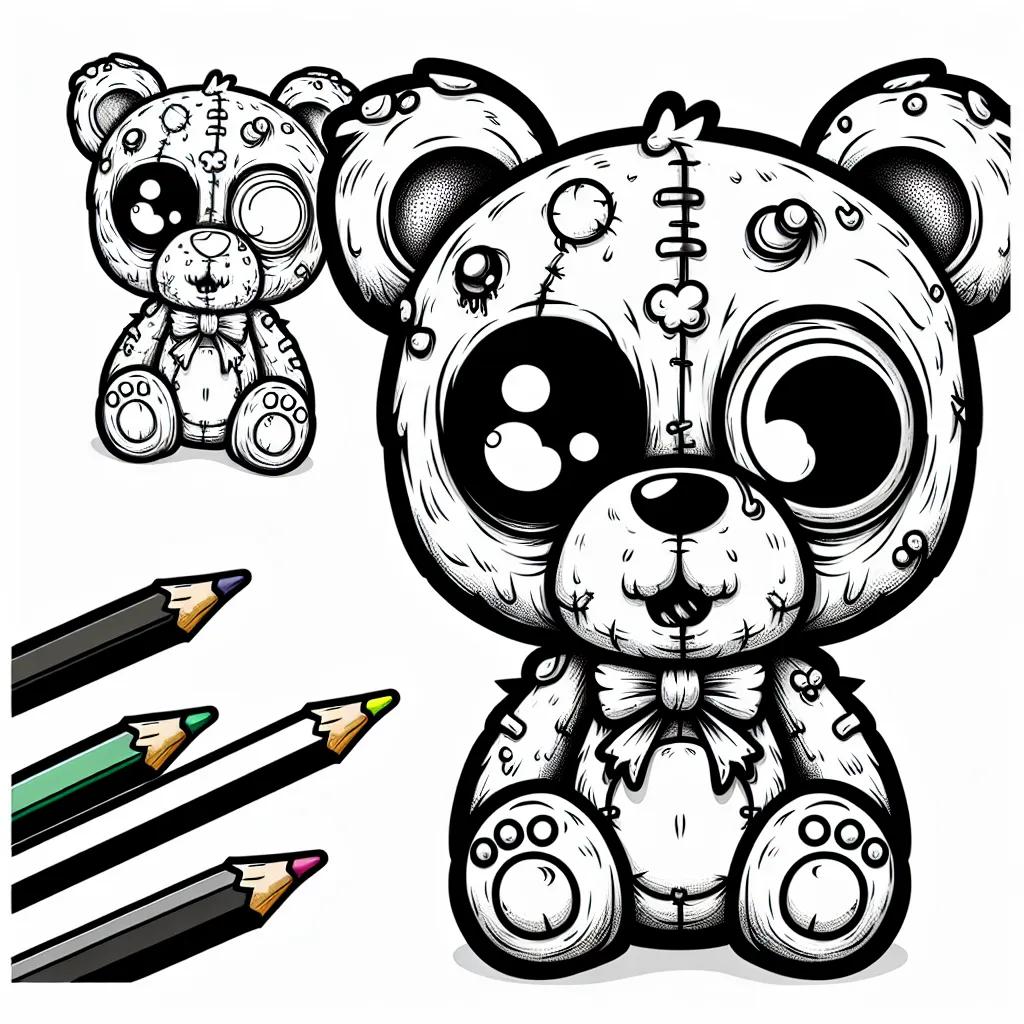 a whimsical zombie teddy bear in a coloring book style, exaggerated features, cute yet spooky expressions, digital illustration with bold outlines, spooky-cute genre