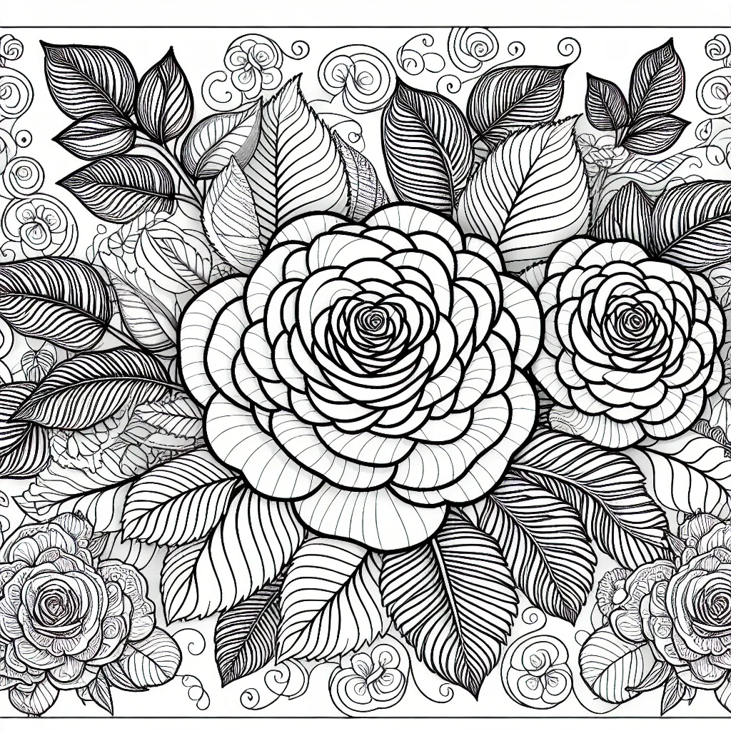 A coloring book page, black and white, outer lines only, no shading, no shadows, flat vector, white interior, white background, with a drawing of Rose flowers for adults.