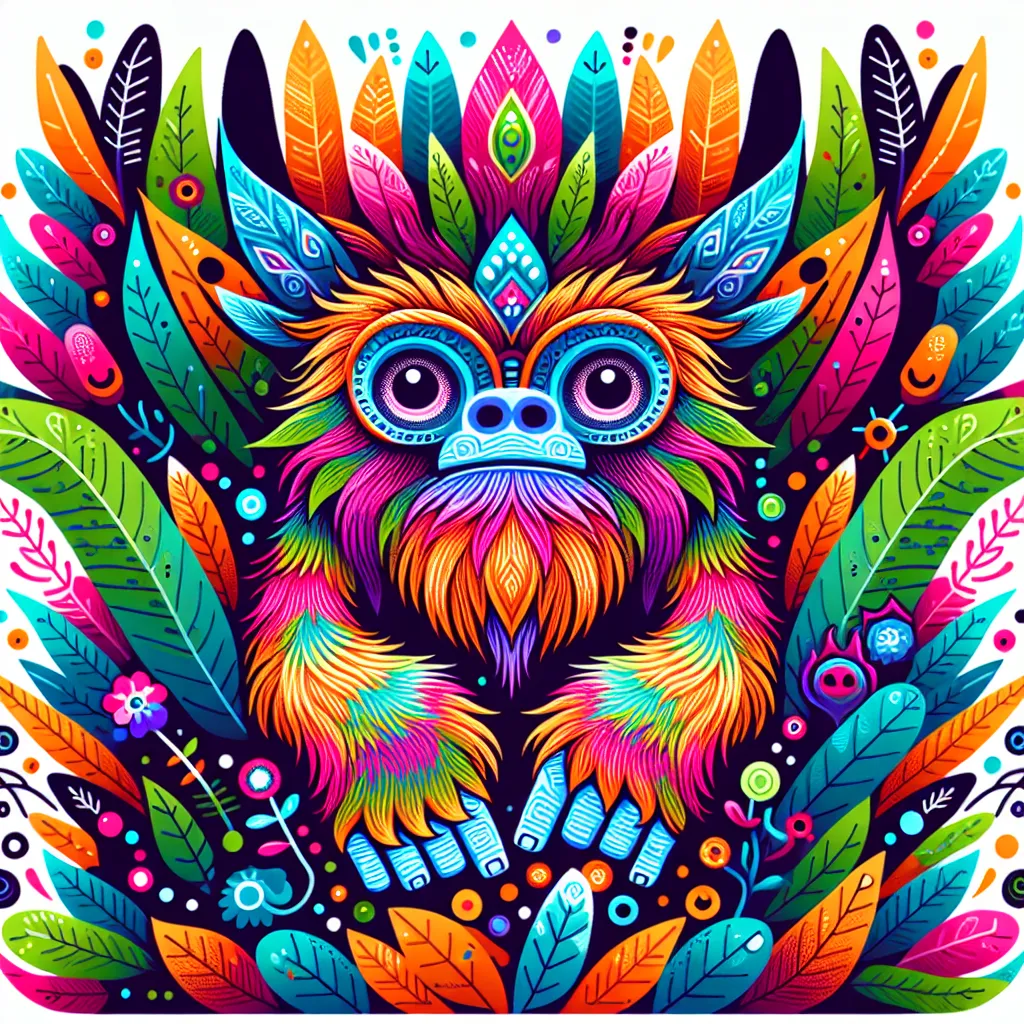 Cute sasquatch as an alebrije surrounded by folliage