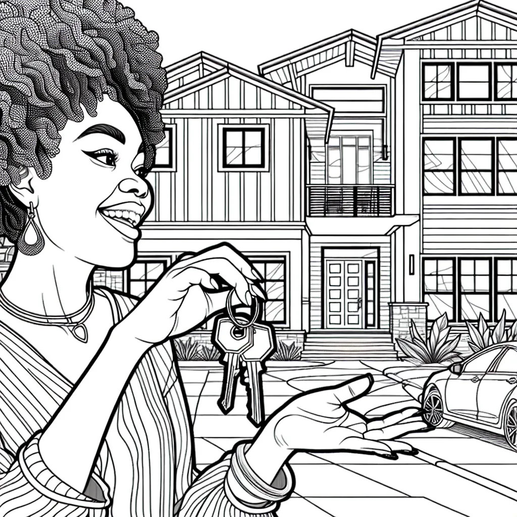 Woman with African American features standing in front of her modern home dangling keys from her fingers 