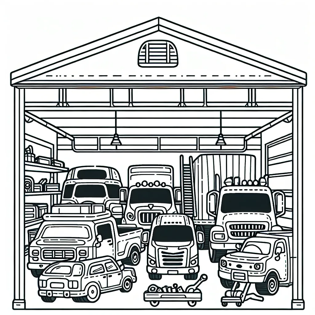fleet of truck family parked in a big garage