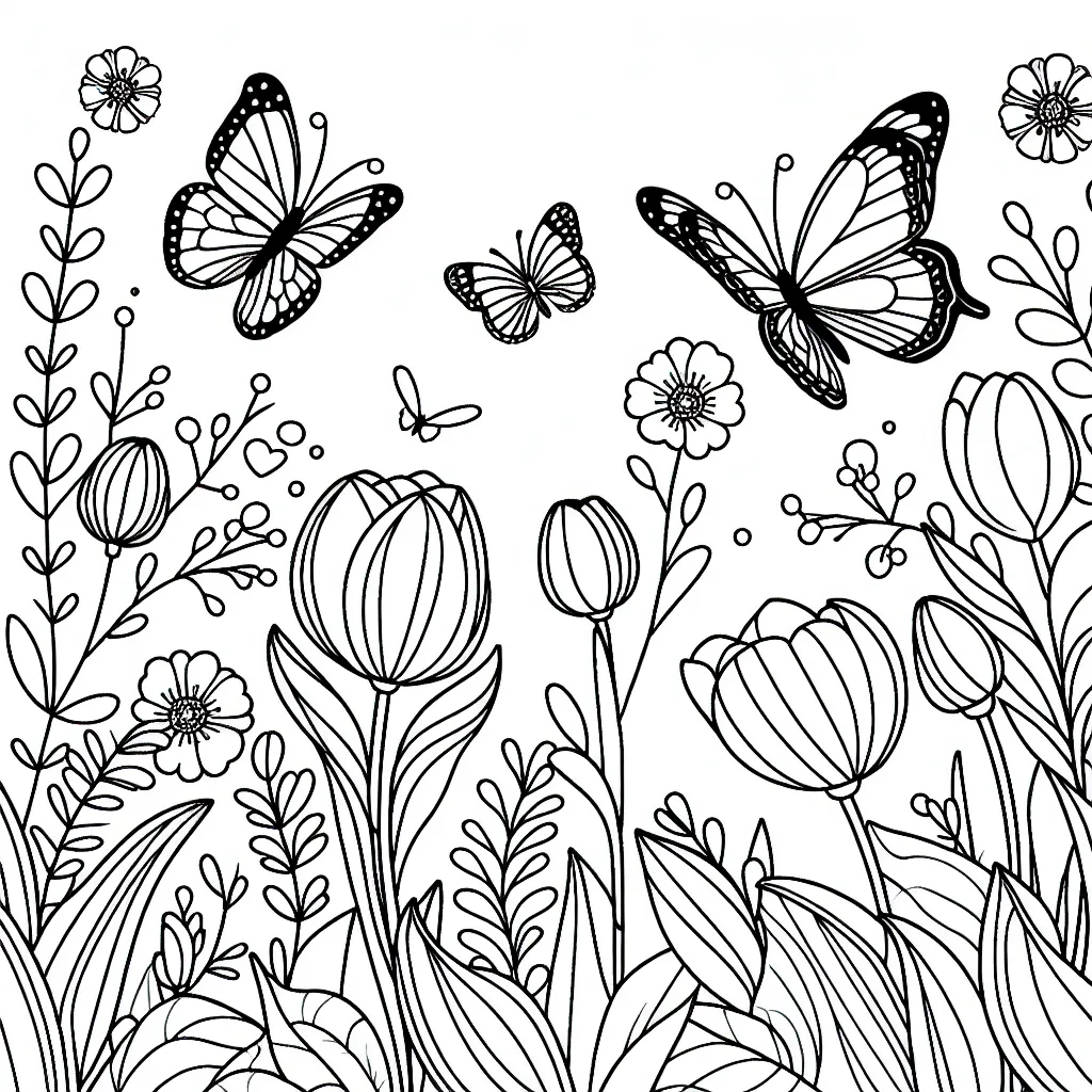 create a mini coloring page with tulips and butterflies. No shading. 