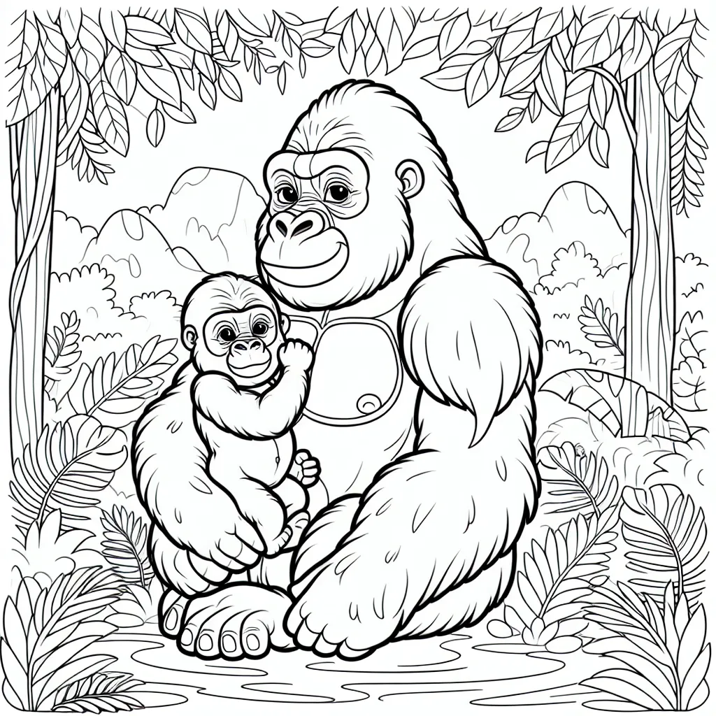 baby gorilla with father gorilla in jungle