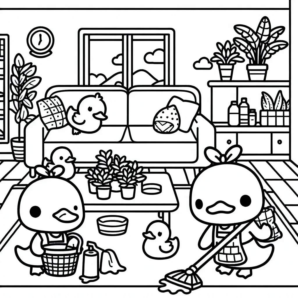 kawaii ducks cleaning the living room with plants