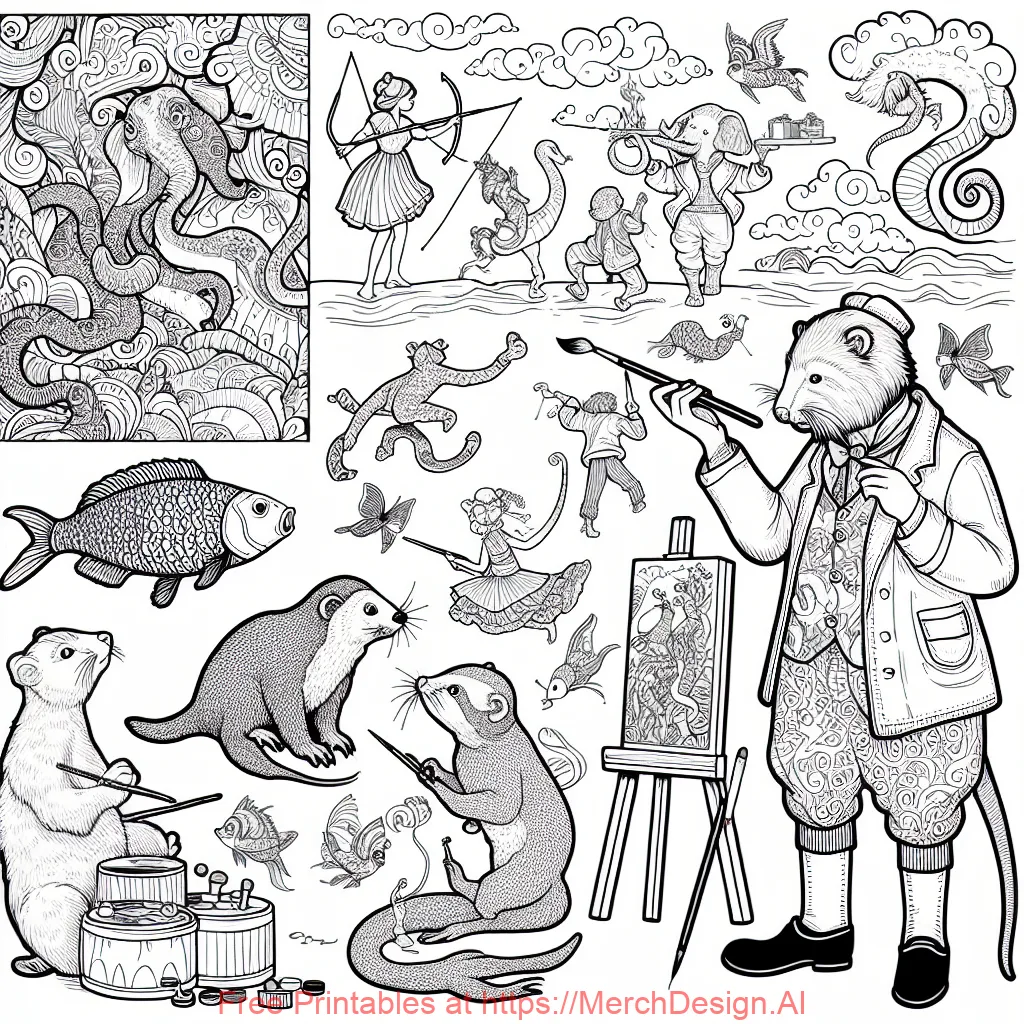 Animals in the style of lisa frank colouring pages doing different activities like fishing, painting, hunting, at the circus and more