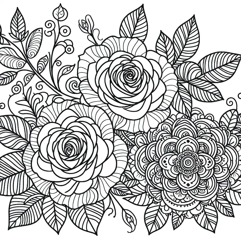 A coloring book page, black and white, outer lines only, no shading, no shadows, flat vector, white interior, white background, with a drawing of Rose flowers for adults.