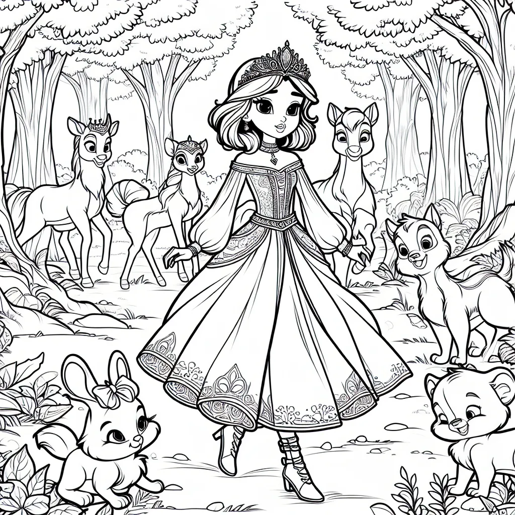 A cartoon princess with a crown, exploring an enchanted forest with friendly woodland animals around her. (The lines should be thick and clear, without any shading, solid black or fine detail lines).