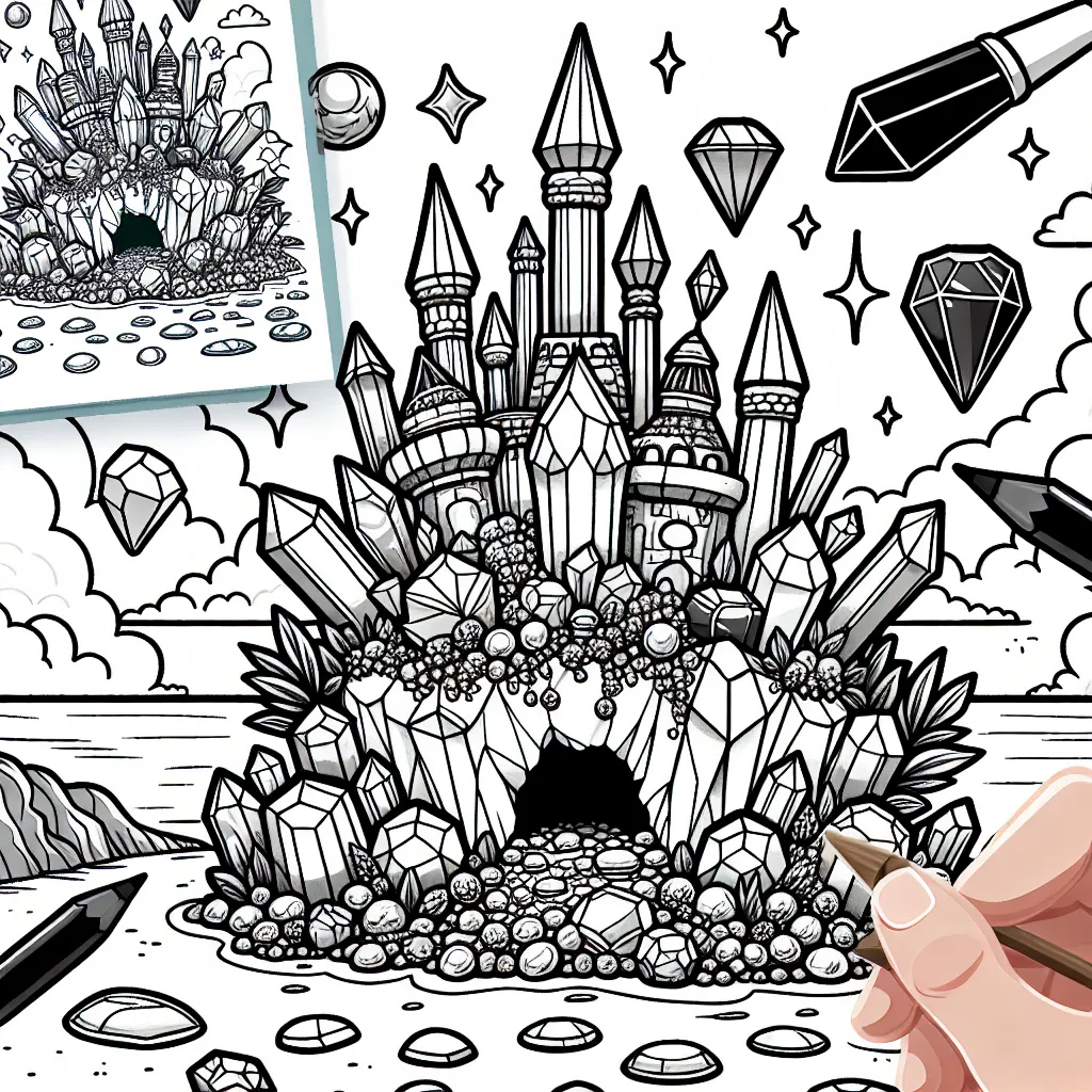 create an image of an island with numerous crystals, gemstones, and crystal towers. There is a castle adorned with gemstones and crystals towers cross one another in the background. The image is black and white for an adult coloring book, white background, thick black lines, no grayscale, open images