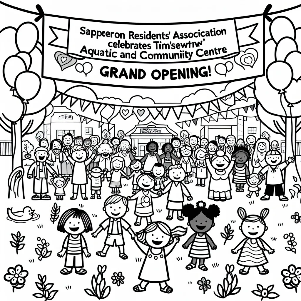 Create a very simple, kid friendly coloring page. Banner at the top: "Sapperton Residents' Association Celebrates təməsew̓txʷ Aquatic and Community Centre Grand Opening!" Community Elements: Simple drawings of trees and a park. People: Happy children and adults holding hands or celebrating together. Additional Elements: Balloons, streamers, and simple flowers.