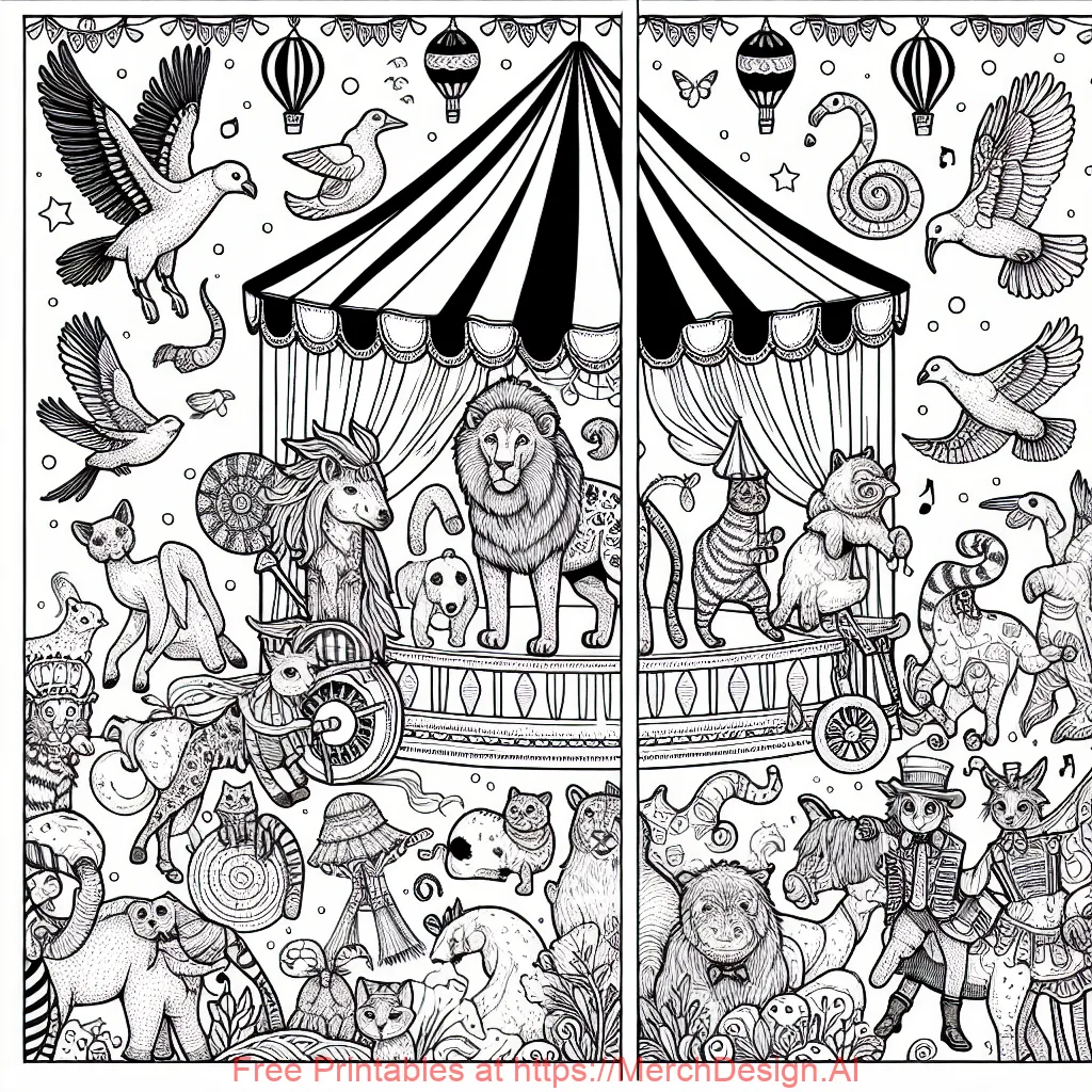 Animals in the style of lisa frank colouring pages at the circus 
