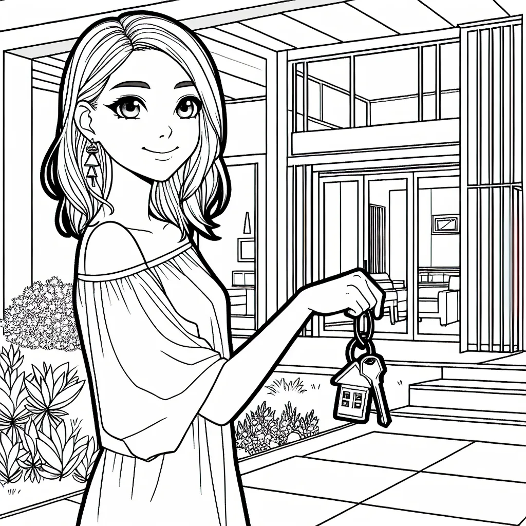 Woman with standing in front of her modern home dangling keys from her fingers 