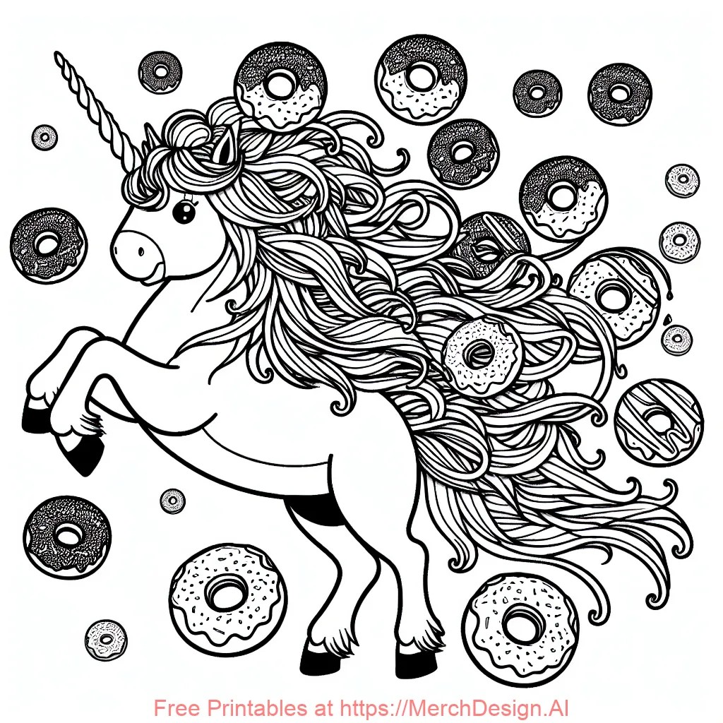 black and white coloring unicorn with donuts on its horn in the air and on its tail and mane