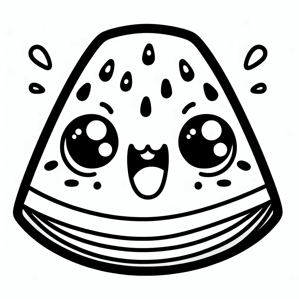 A giggling slice of watermelon with big eyes and a happy expression