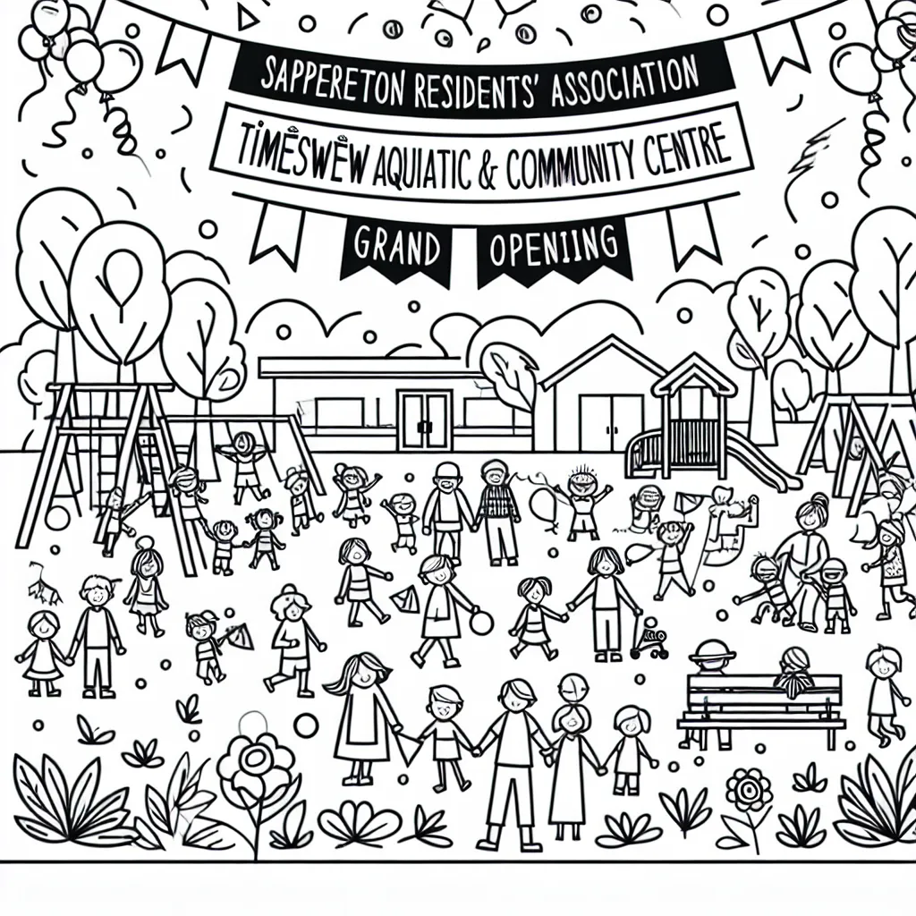 Create a very simple, kid friendly coloring page. Banner at the top: "Sapperton Residents' Association Celebrates təməsew̓txʷ Aquatic and Community Centre Grand Opening!" Community Elements: Simple drawings of trees and a park. People: Happy children and adults holding hands or celebrating together. Additional Elements: Balloons, streamers, and simple flowers.