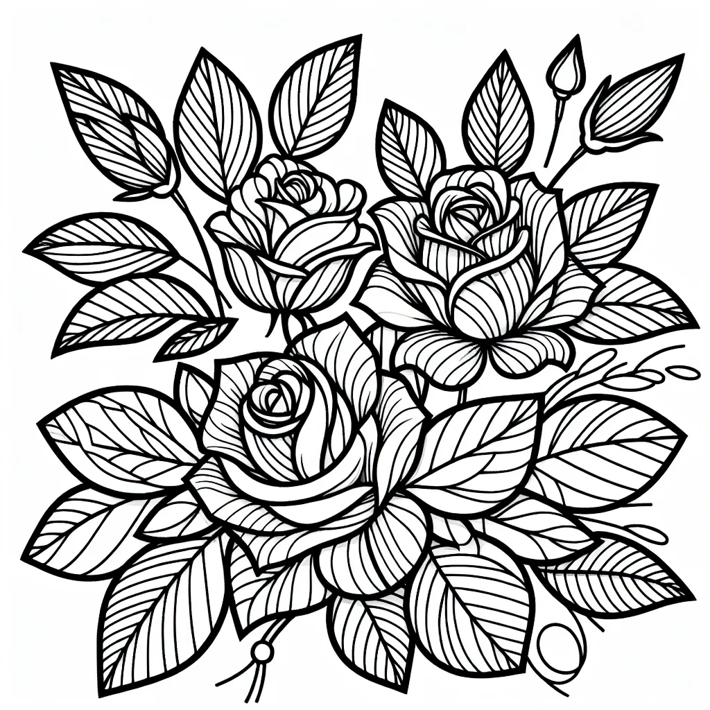 A coloring book page, black and white, outer lines only, no shading, no shadows, flat vector, white interior, white background, with a drawing of Rose flowers for adults.