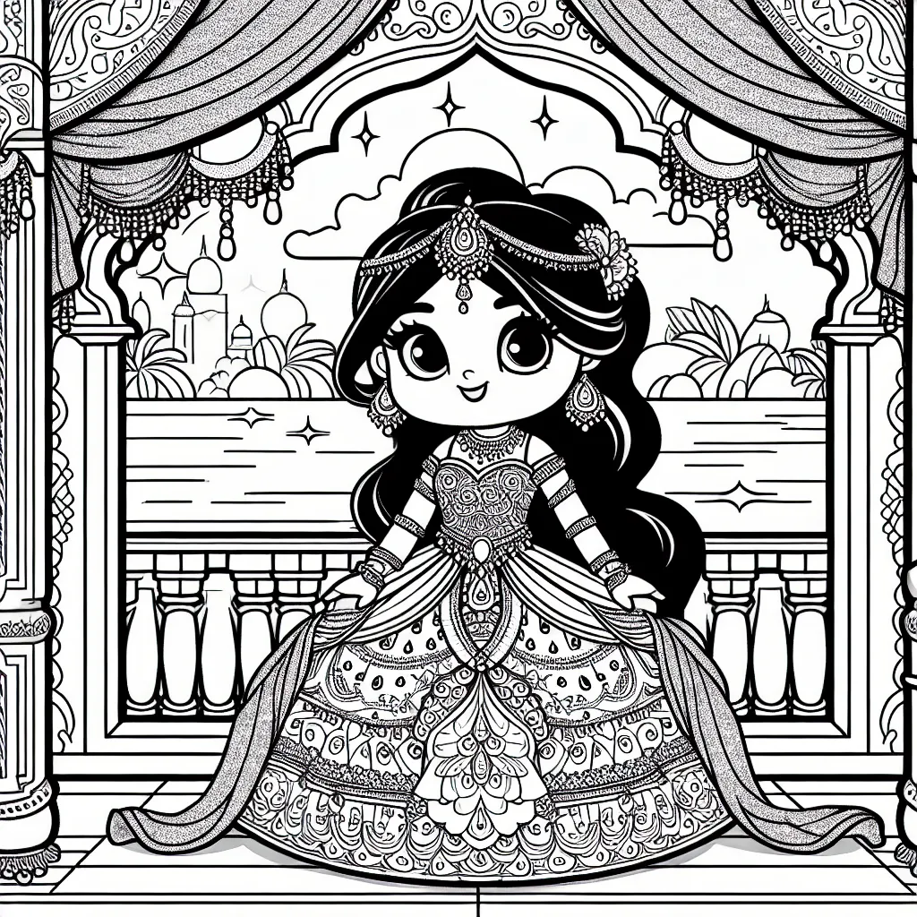 A cartoon princess in a beautiful gown, standing on a balcony overlooking a sparkling ocean. (The lines should be thick and clear, without any shading, solid black or fine detail lines).