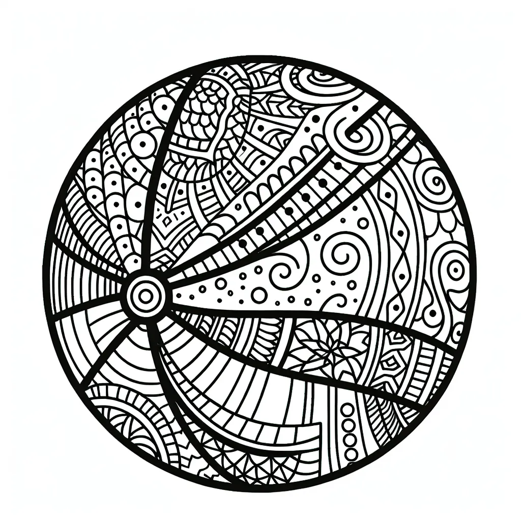 Design a large beach ball with different sections, each having intricate patterns and fun designs. Suitable for younger kids, no hard details 