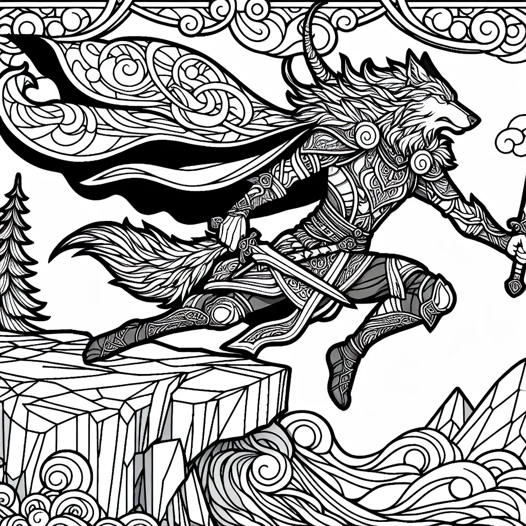 norse Werewolf jumping off of a rock with dual swords