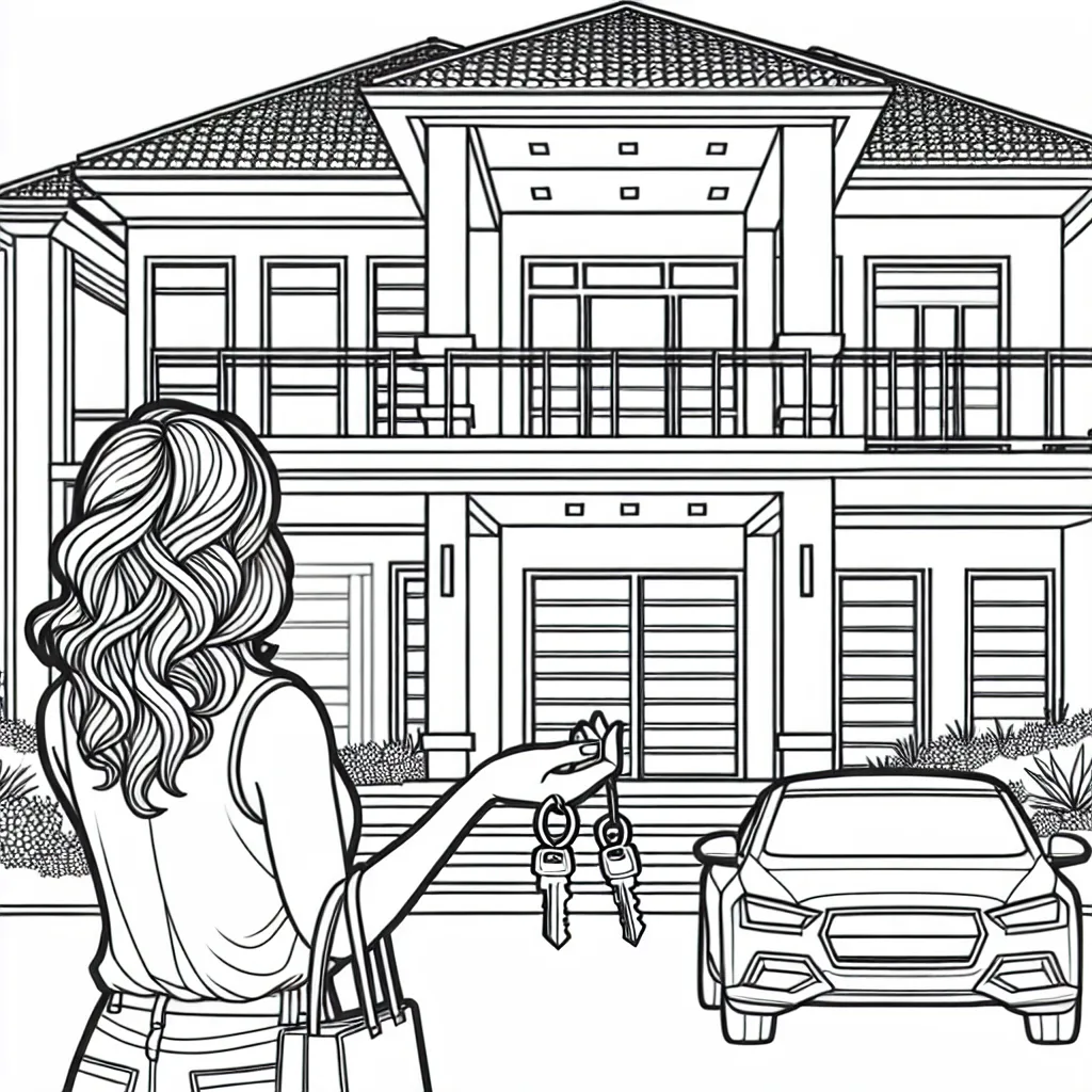 Woman standing in front of a beautiful two story modern home with keys dangling from her hands
