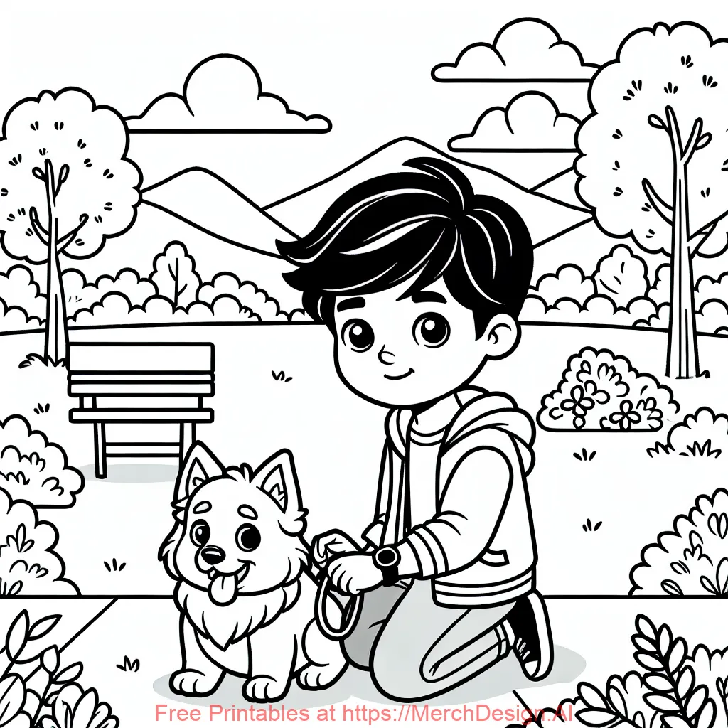 B&W coloring book page, boy with his dog in the park, line art, solid white background