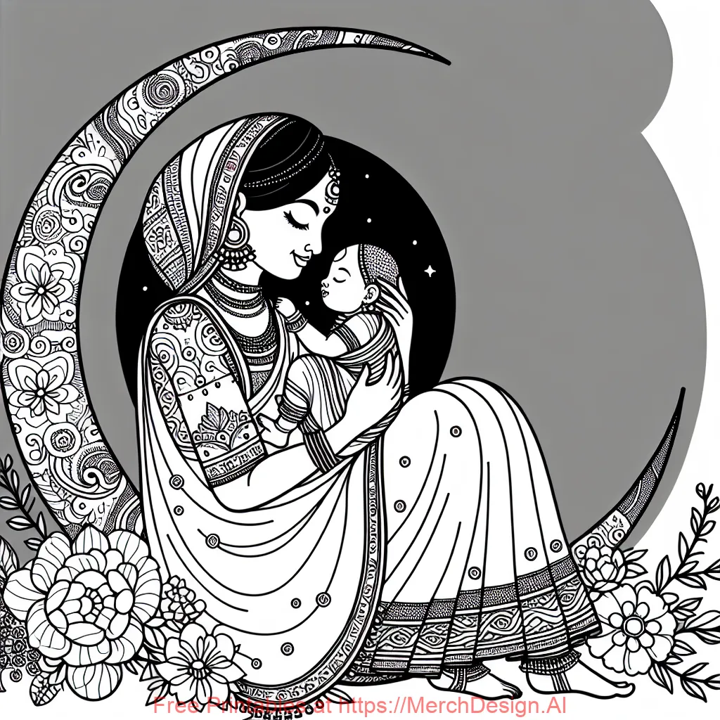 mother with baby in arms on a crescent moon