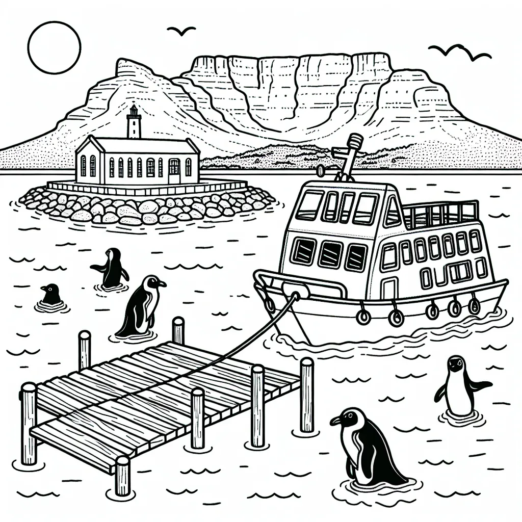 Robben Island: A cartoonish version of the island with a ferry boat approaching the dock, and some penguins swimming in the water nearby.