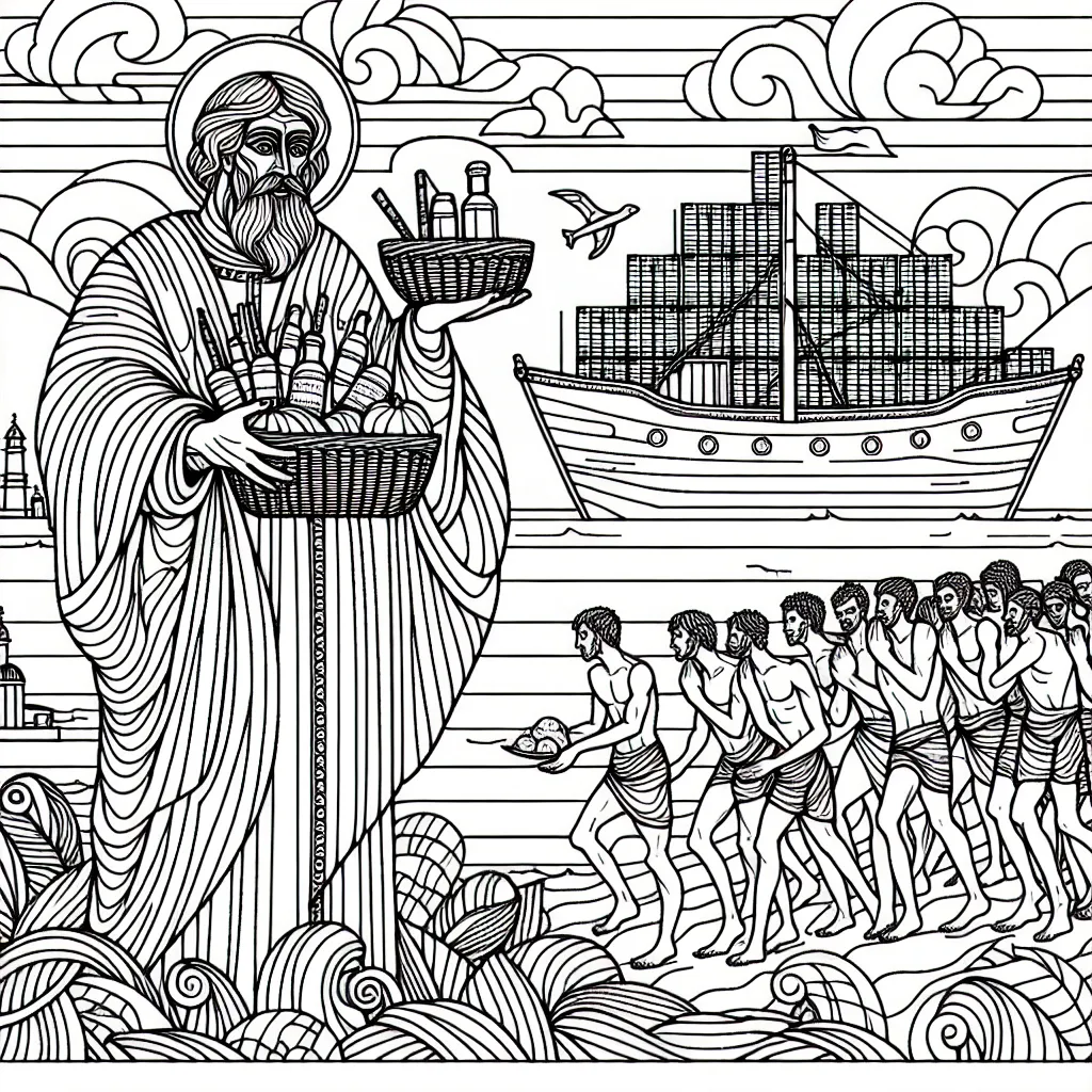 St. Peter Claver with bread and medicines, at the beach meeting shackled black men coming out of large ship