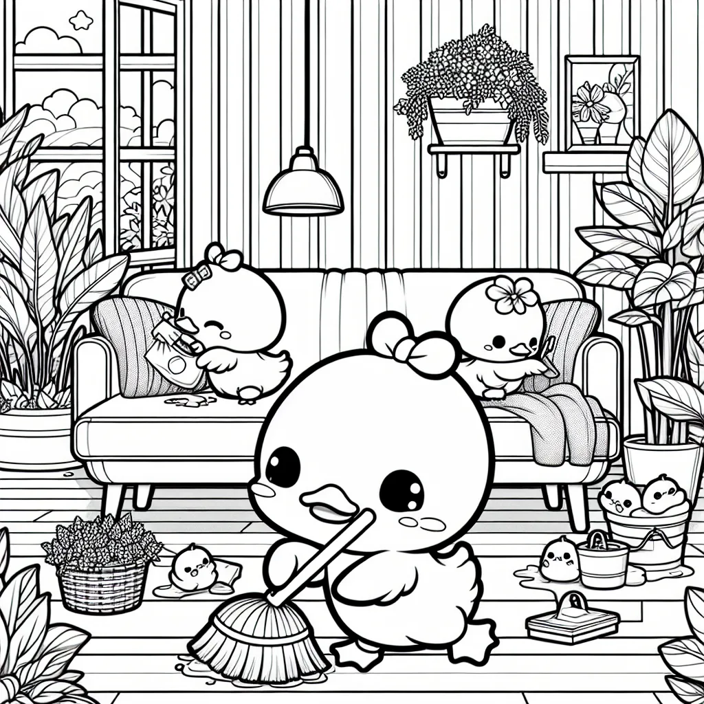 kawaii ducks cleaning the living room with plants