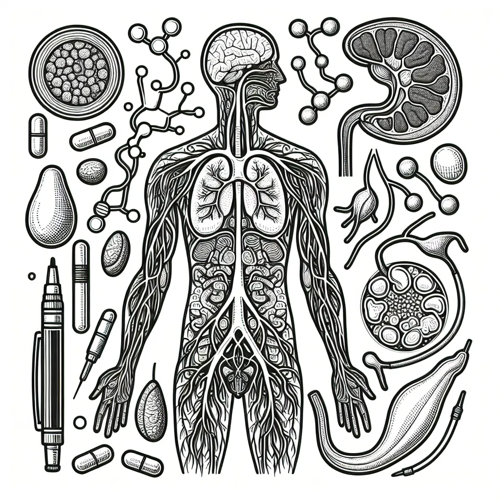 Design a line art illustration highlighting a system in the human body, such as the nervous and endocrine systems. The style should be realistic but not overly detailed, creating a medical diagram. The image should consist exclusively of black outlines on a white background, devoid of any shading or color. Make sure to maintain a balance between intricate design and ample whitespace to ensure a satisfying coloring experience.