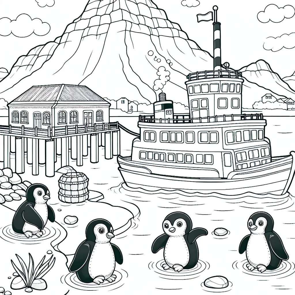 Robben Island: A cartoonish version of the island with a ferry boat approaching the dock, and some penguins swimming in the water nearby.